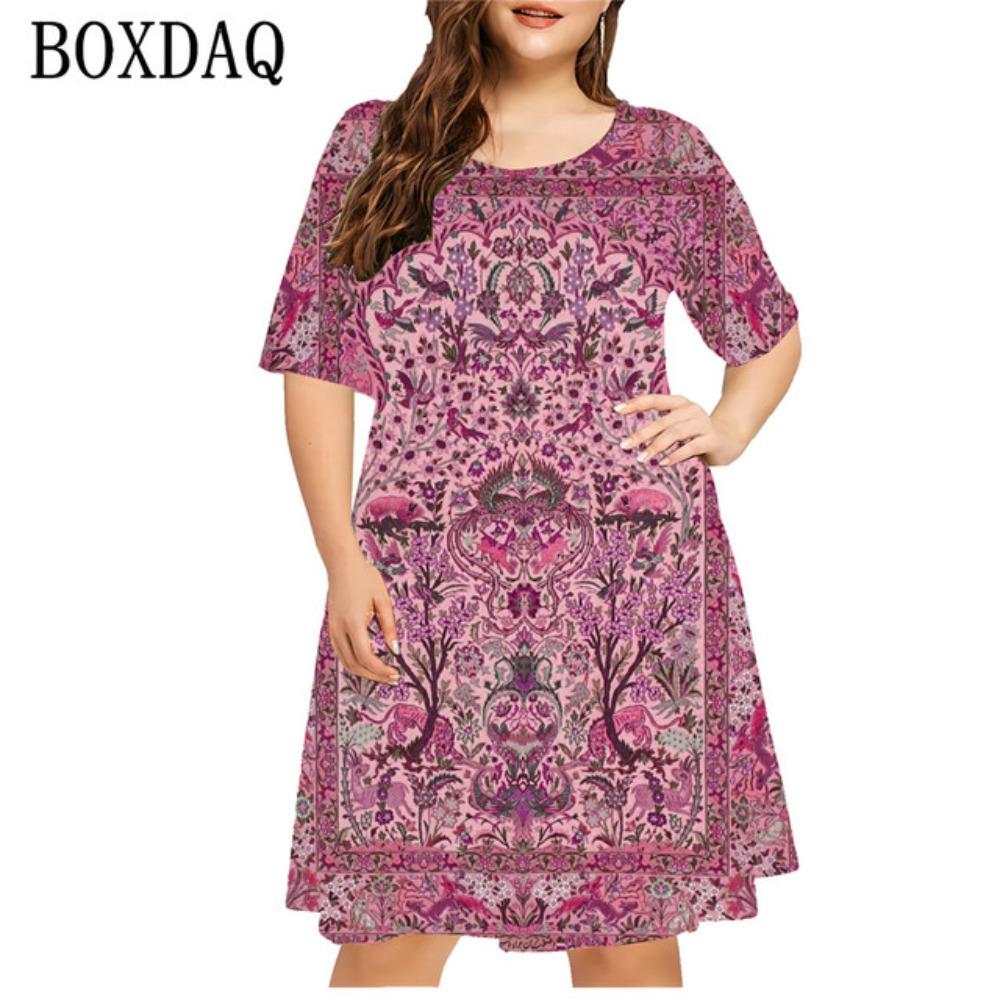 Summer Retro Ladies Ethnic Style 3D Printing Dress Women's Casual Short-sleeved Loose A-line Dress