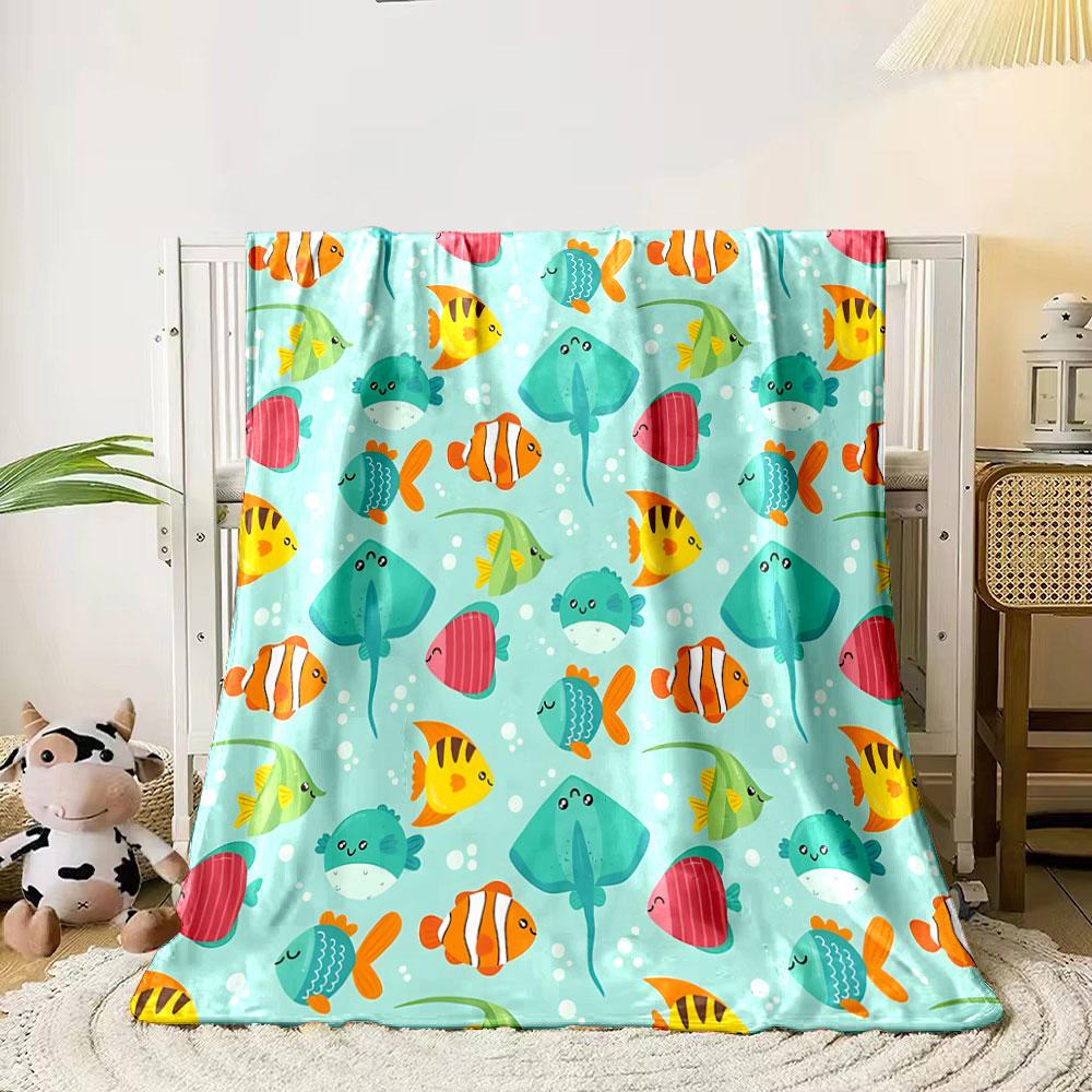Cute Underwater Cartoon Fish Pattern Print Blanket Soft and Cozy Perfect for the Living Room Bed Sofa or a Nap,gift