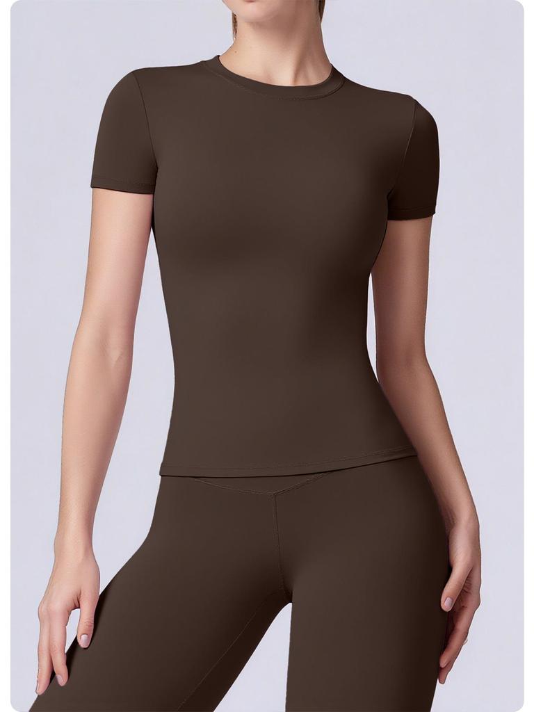Women's Plain Round Neck Quick-Dry Yoga T-Shirt - Summer Slim Fit Fitness Top