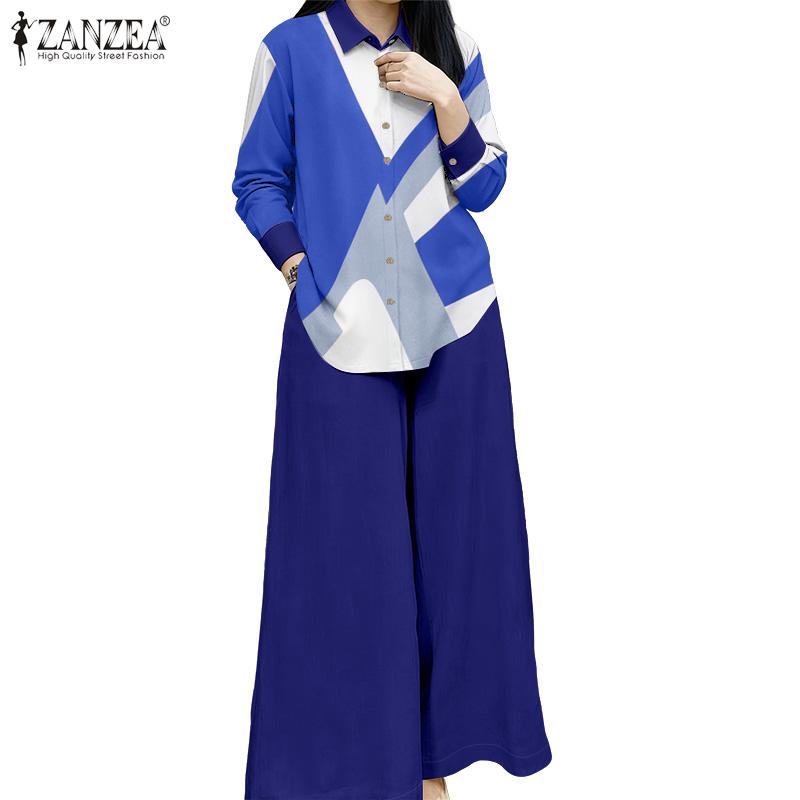 ZANZEA Women Long Sleeve Print Blouse and Pants Casual Two Piece Suit Sets