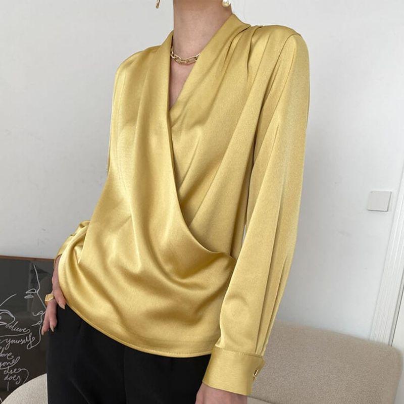 

Верхняя часть Супер Элегантная ~ Интеллектуальная для 通勤 | Текстура Хорошая @ Однотонная С длинным рукавом Сатин Сатин Конопля Блестящие Рубашки Женский Топ Luxury gold M