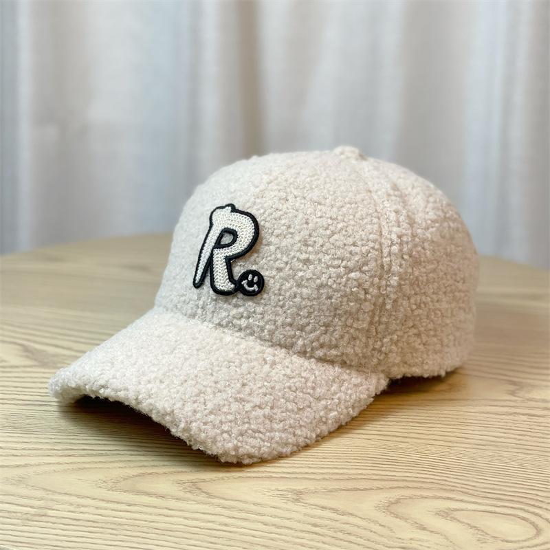Hat Women's Large Head Circumference Autumn and Winter R Letter Lamb Wool Warm Baseball Cap Peaked Cap Outdoor Travel Leisure Versatile