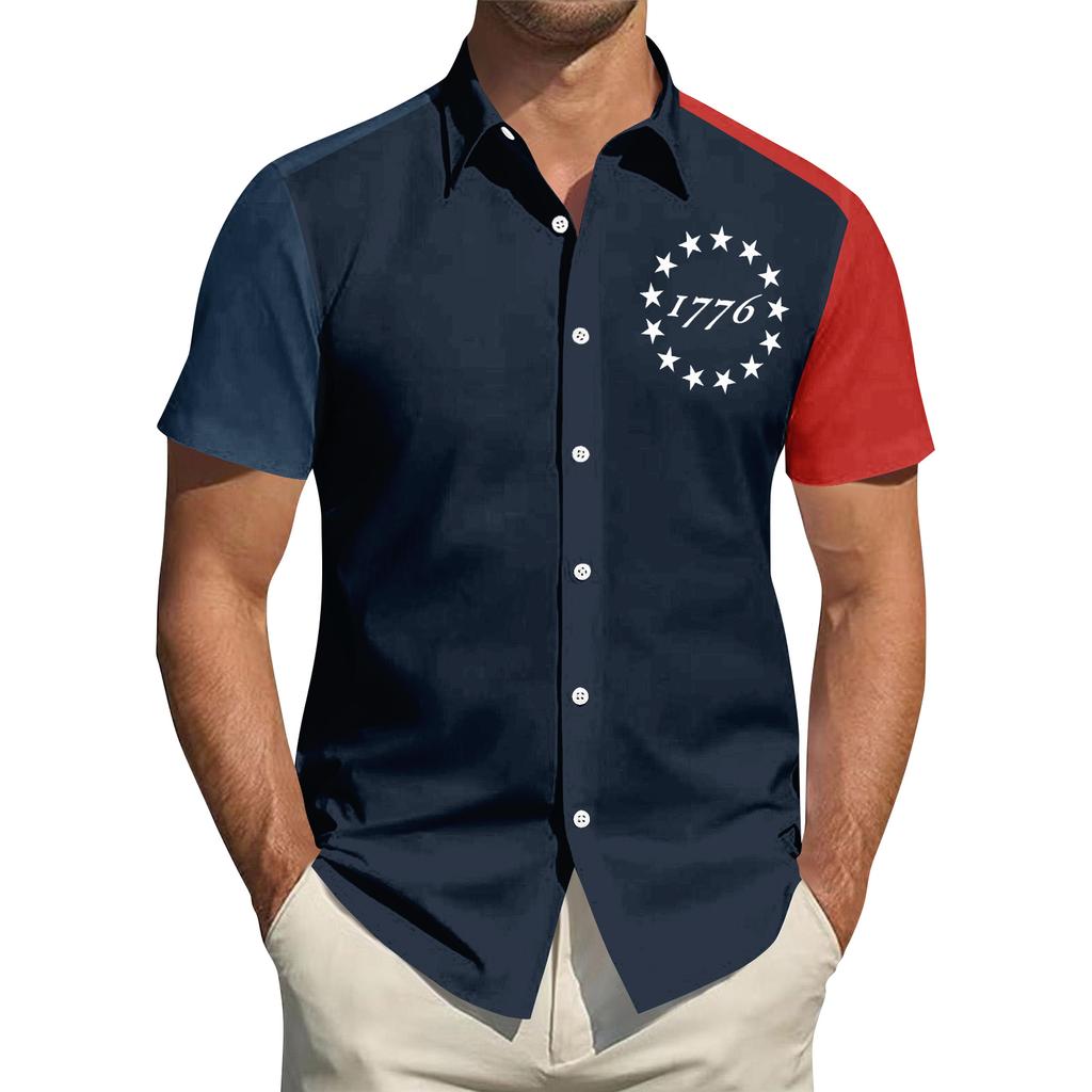 Men's Independence Day Printed Collared Top Men's Casual Sports Short-Sleeve Shirt