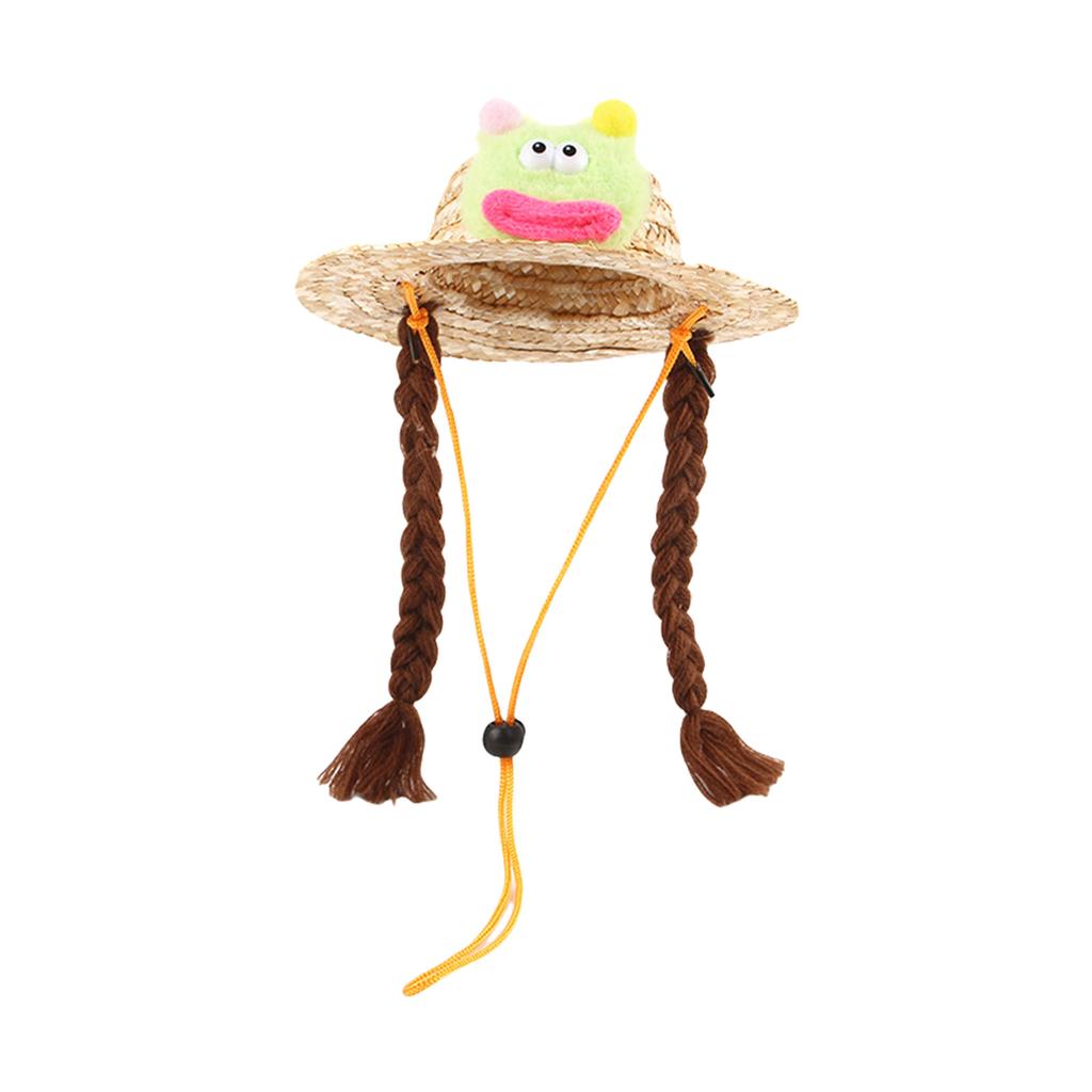 Puppy Straw Hat Dogs Sunbonnet with Braids Supplies Headwear Devil Hat Summer Hat with Strap Belt Photo Props