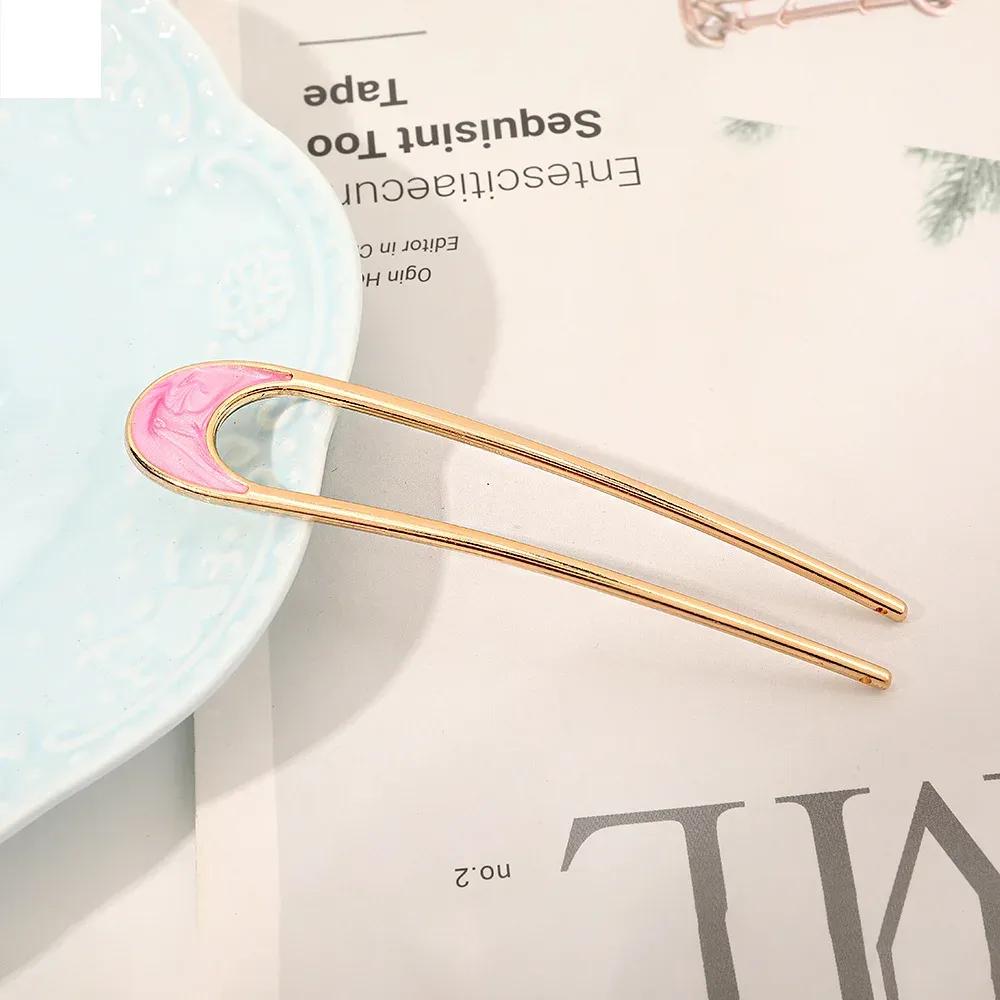 Metal U Shaped Hair Stick for Women Girls Silver Gold Color Vintage Elegant Shell Enamel Ponytail Hairpin Female Headwear Gifts