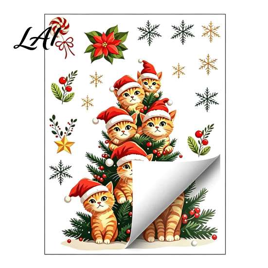 Cat Christmas Tree Decals Static Window Clings Orange Glass Stickers Santa Hat Kitten Holiday Decorations Xmas Decals Reusable Festive Decor