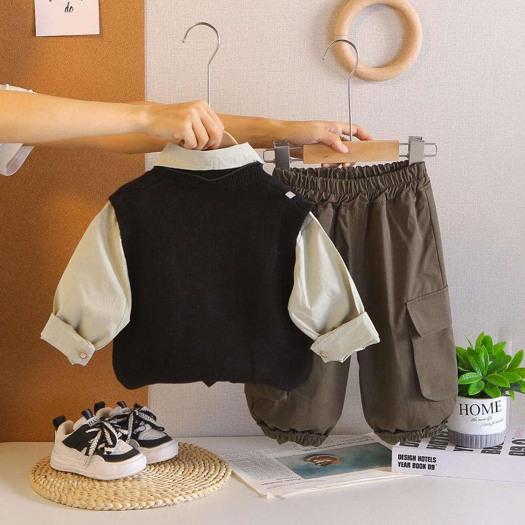 2026 New Baby Boy Spring/Autumn Outfit: Stylish Sweater Vest & Long Sleeve Three-Piece Set