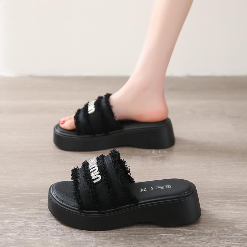 

CRLAYDK Slide Sandals for Women Canvas Ladies Platform Summer Dressy Open Toe Walking Casual Outdoor Beach Slippers 34