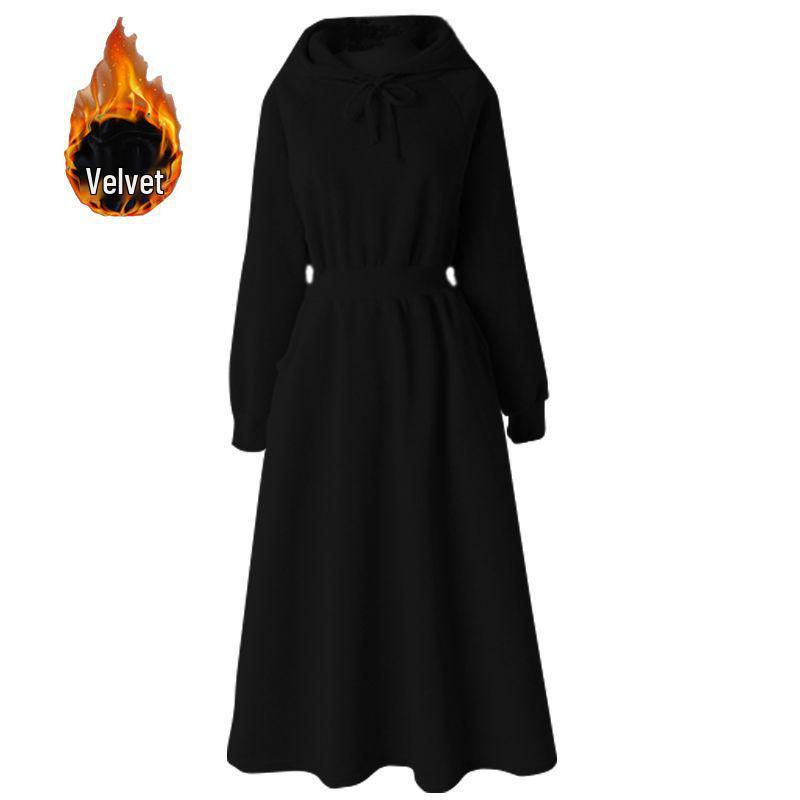 Autumn & Winter Plus Velvet Hoodie Dress: Ankle-Length, Waist-Cinched, Plus Size, Slimming Fit for Super Fairy Students