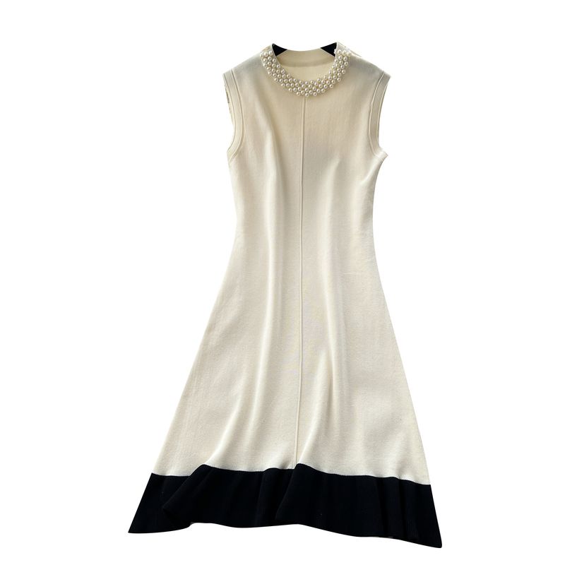 Summer Clothing Graceful Ladies Beads round Neck Sleeveless Slimming Knitted dress Women Fashionable Color Matching French style Sweater Dress