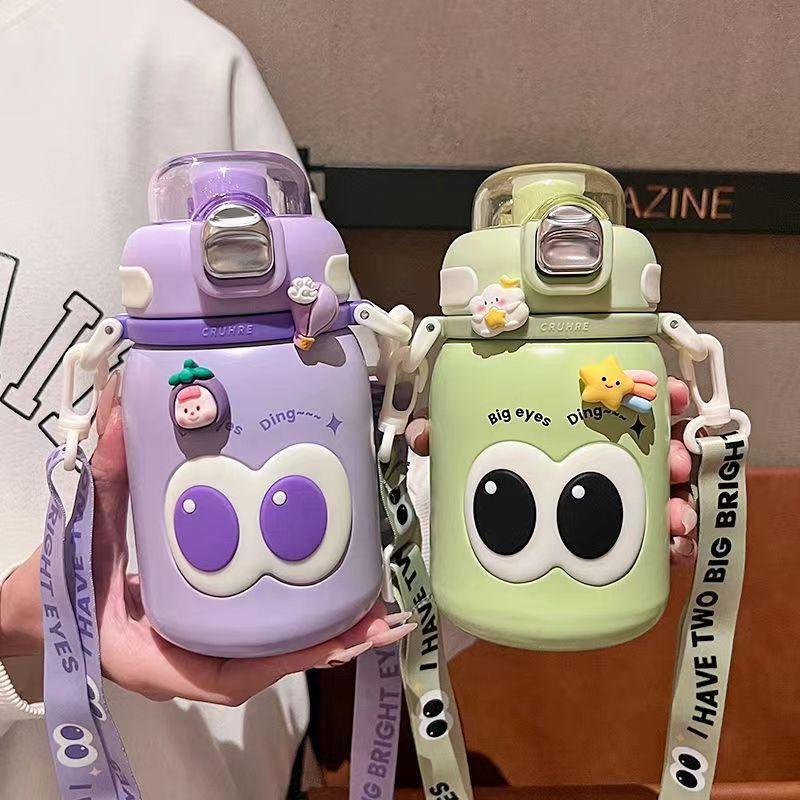 Kawaii Kinder Thermosflasche Niedliche Schüler Kindergarten Thermokanne Jungen Mädchen Tragbarer Direkt trinkender Isolierbecher mit Stroh