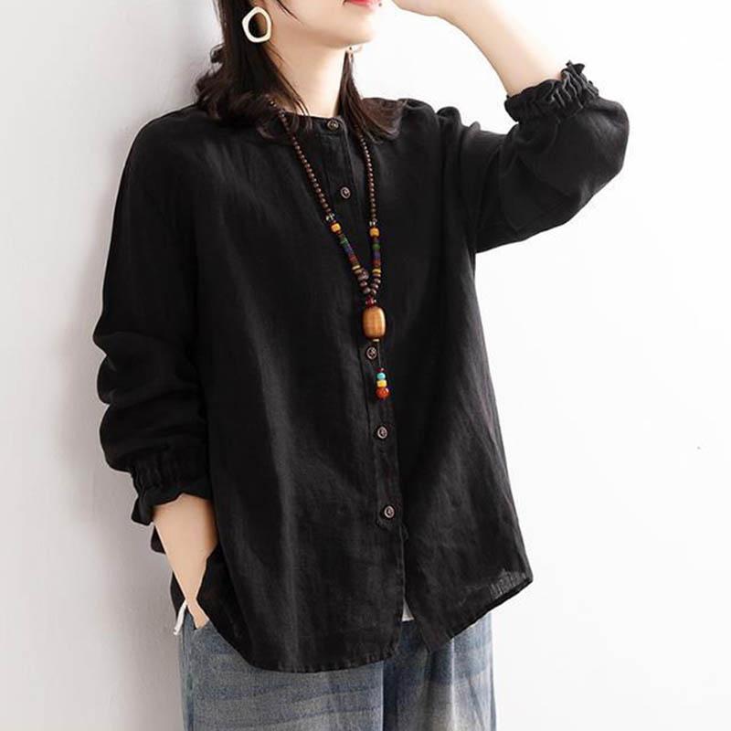 Cotton Linen Shirt Literary and Retro Style Women's Loose Round Neck Shirt Casual Thin Coat Close-up Sleeve Top Spring and Autumn