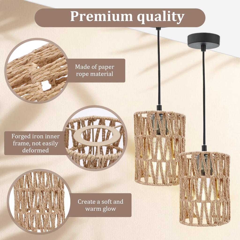 3Pcs Simulated Rattan Light Shade Fixture Vintage Hanging Lampshade Handmade Woven Lamp Shade for Living Room Hotel Restaurant