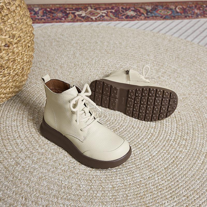 Top layer cowhide autumn single lining genuine leather women's British style thick soled lace up short boots women's casual shoe