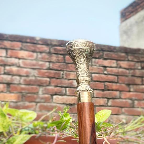 Engraved Flowers Walking Stick, 3 Foldable Solid Brass Cane for Men and Woman, Round Brass Handle, Victorian Cane, Dad Gift, Christmas Gift