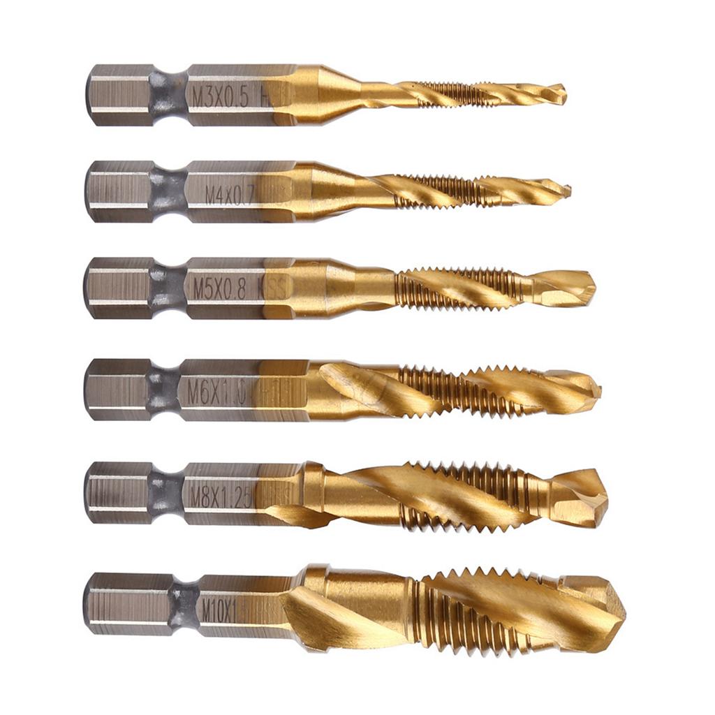 6pcs Metric Thread M3-M10 Titanium Coated HSS Drill and Tap Bits 1/4" Hex Shank Screw Taps Tool Set