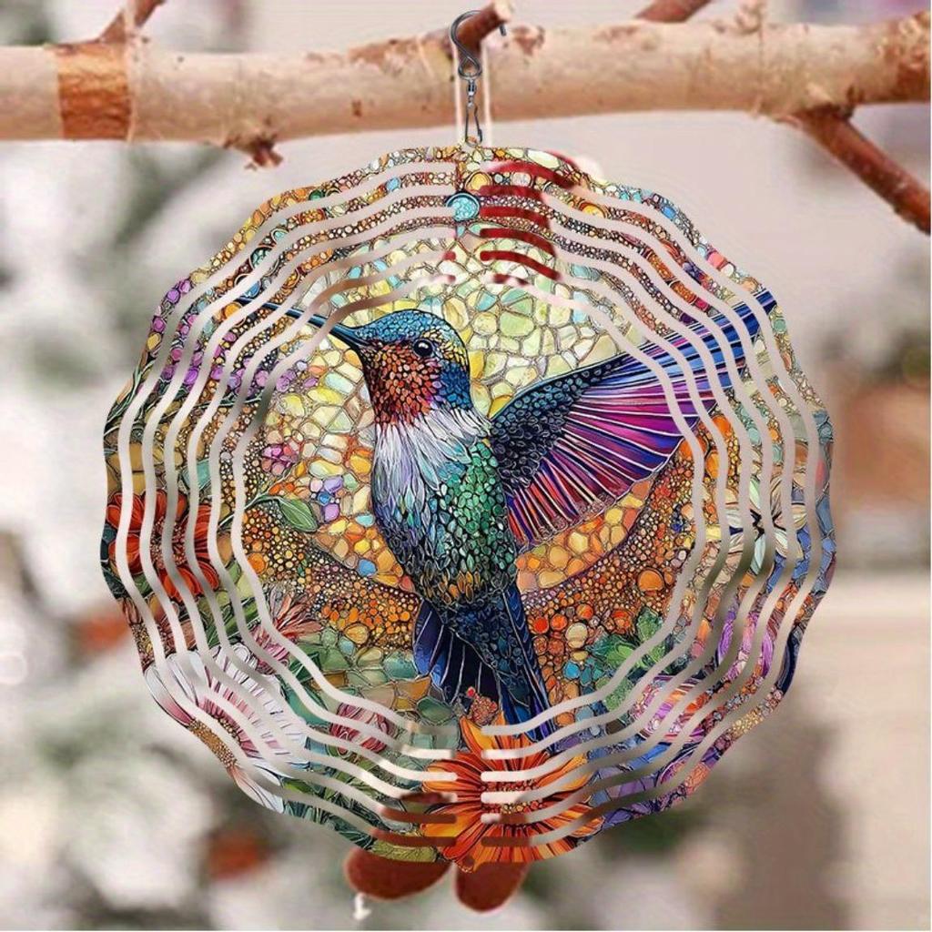 Håndlaget Kolibri Glass Vindspinner – Levende Hage- og Hjemmedekor, Kinetisk Vindklokke med Blomstermotiver