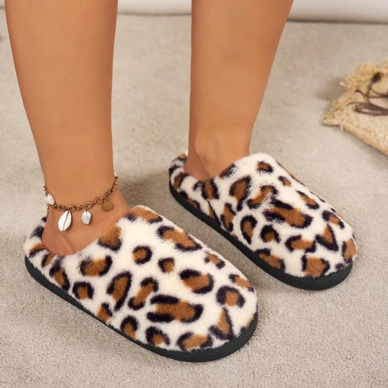 Leopard Color Fluffy Slippers For Women Men Witner Home Floor Shoes Warm Faux Fur Anti-slip Couples Indoor Cotton Slipper