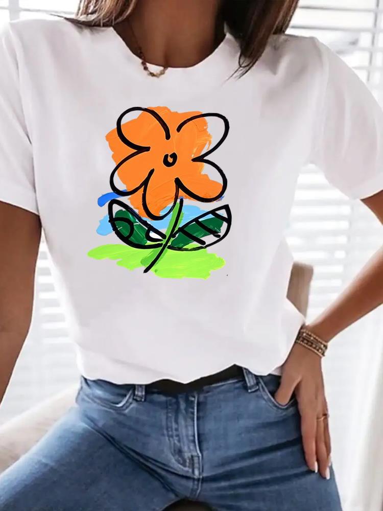 (Aziatische maat) letter bloem schattig Print Dameskleding T-shirt Top Vrouw Korte Mouw T-shirt Mode Vrouwelijke Grafische T-shirts