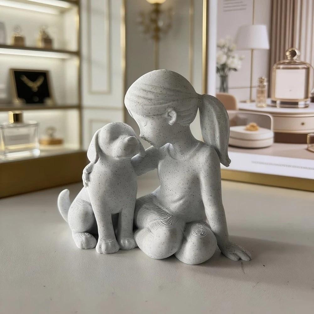 3D Printed Girl And Dog Statues Cute Canine Statues Crafts Nordic-Style Ornaments  Home Decoration