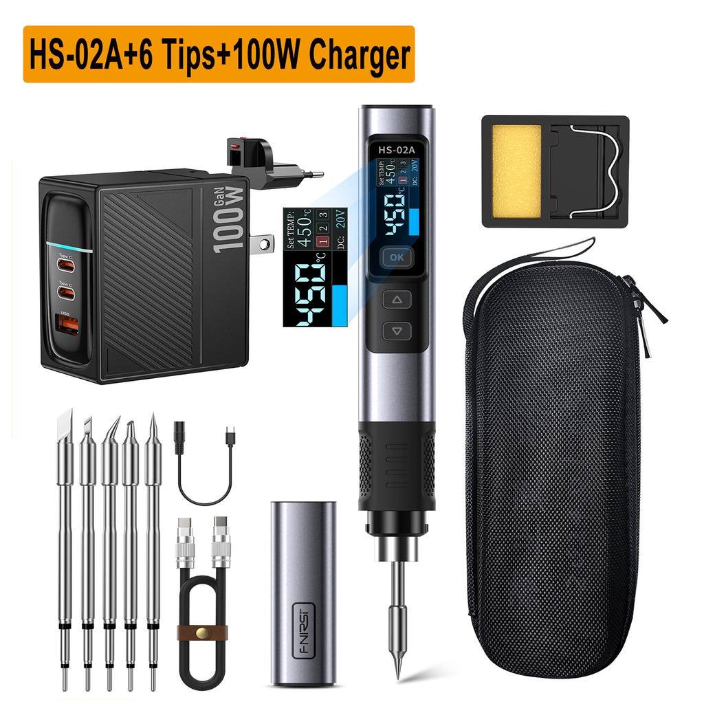 FNIRSI HS-02 Smart Electric Soldering Iron 100-450℃ Temp Adjustable PD 100W Portable Welding Rework Station Solding Irons Kit