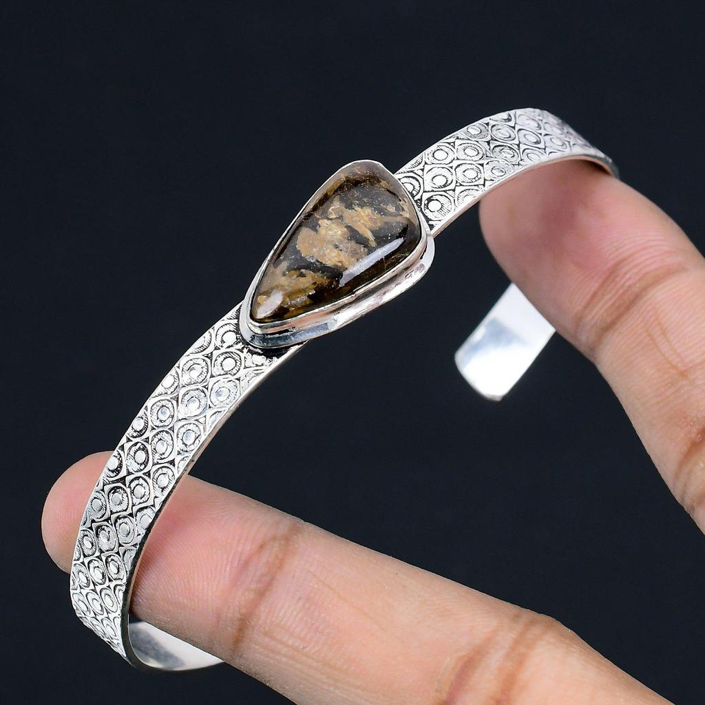 Womens day Deal Trillion Bronzite Gemstone Wife Handcrafted Bangle 925 Silver