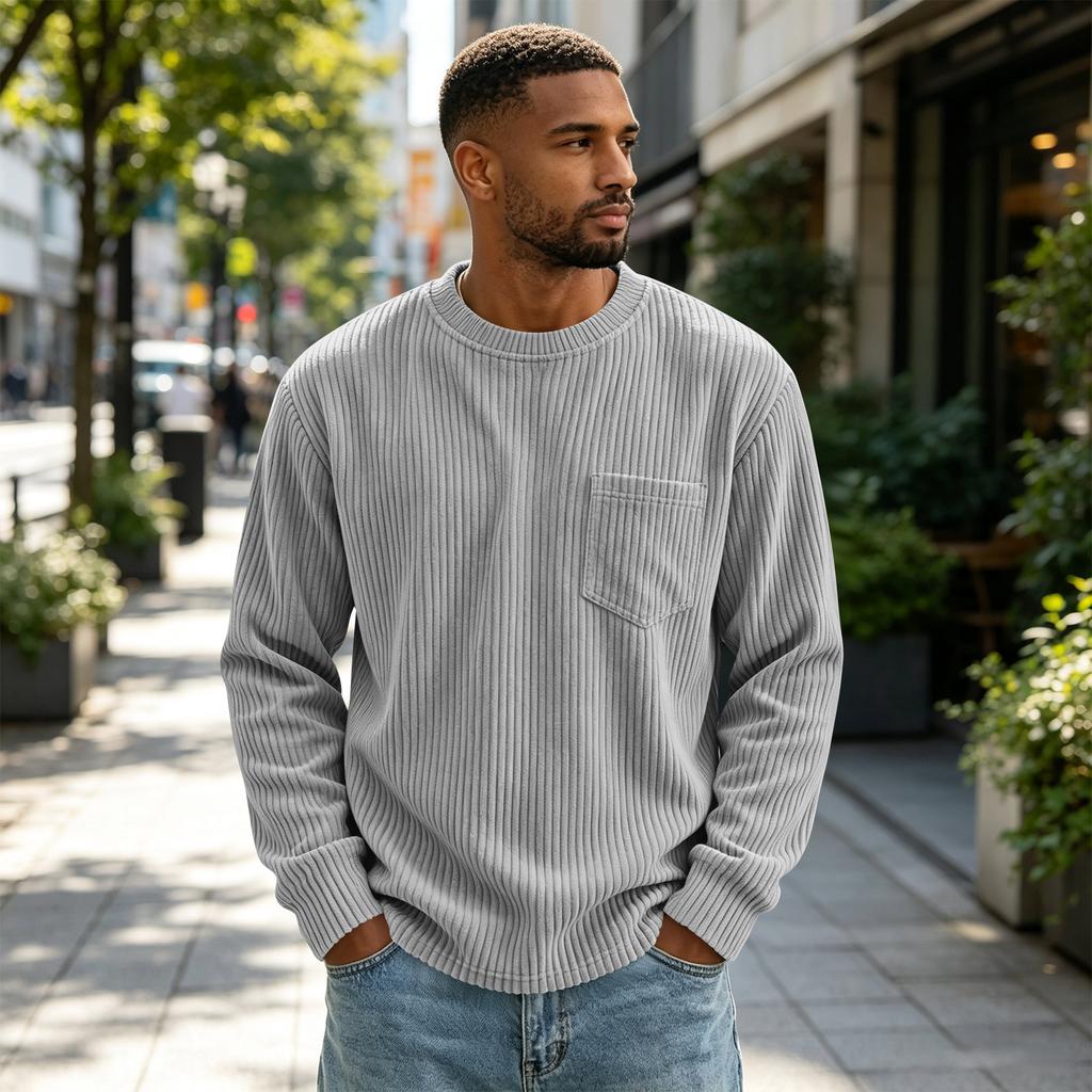 Men's Corduroy Long Sleeve Crewneck Top, Casual Athletic T-Shirt for Everyday Wear