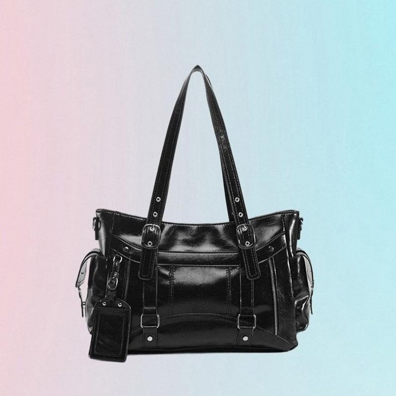 Stylish Patent Leather Tote Bag Multi-pocket Work Shoulder Bag Silver Hardware Buckle Crossbody Bag Student Large Capacity Bag