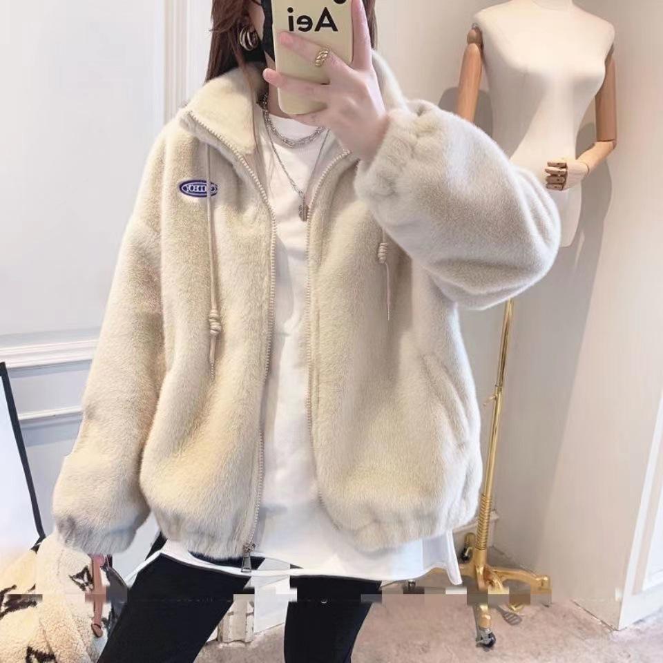 Women's Mid-Length Faux Mink Fur Plush Coat - Stand Collar, Winter Korean Style, Loose Fit.