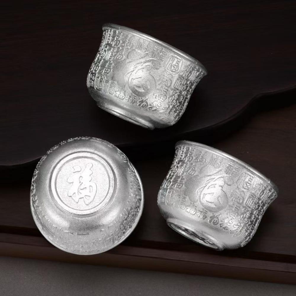 6pcs Auspicious Fu Embossed Tea Cup Zinc Zinc Alloy Offering Water Bowl Ritual Wine Cup  Temple