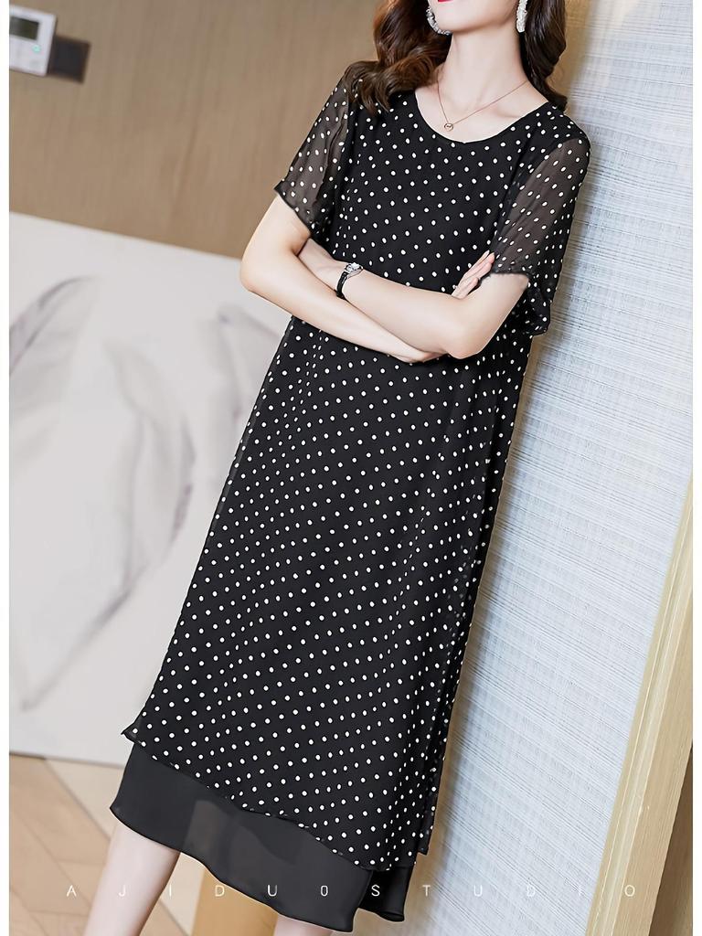 2026 Summer Chiffon Polka Dot A-line Plus Size Dress for Middle-aged Women