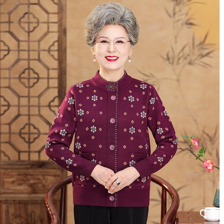 Middle-aged and Elderly Women's Grandmother's Suit Plus Velvet Thickened Spring and Autumn Old Lady Top Coat Mother's Suit Winter Sweater Cardigan