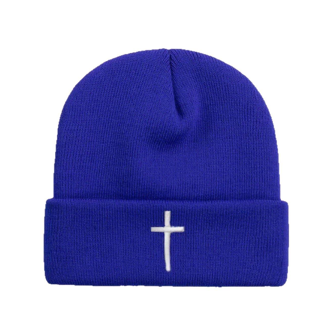 

Autumn and Winter New Cross Embroidered Knitted Hat for Men and Women Versatile Trendy Knitted Hat for Cold Protection синій