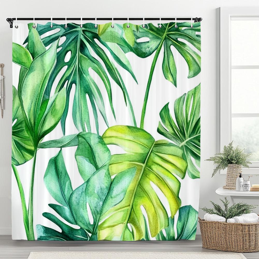 Tropical Plant Leaves Shower Curtain for Bathroom Romantic Wildflower Plants Nature Scenery Decorative Curtain Set with Hooks