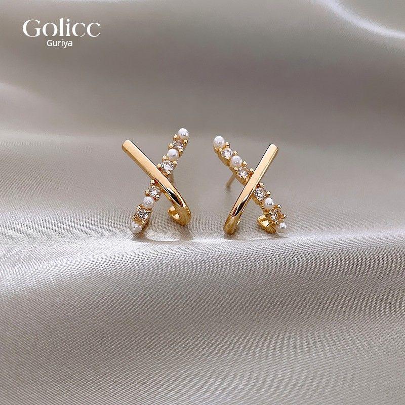 Golicc Cross 925 Silver Needle Female Pearl Stud Earrings