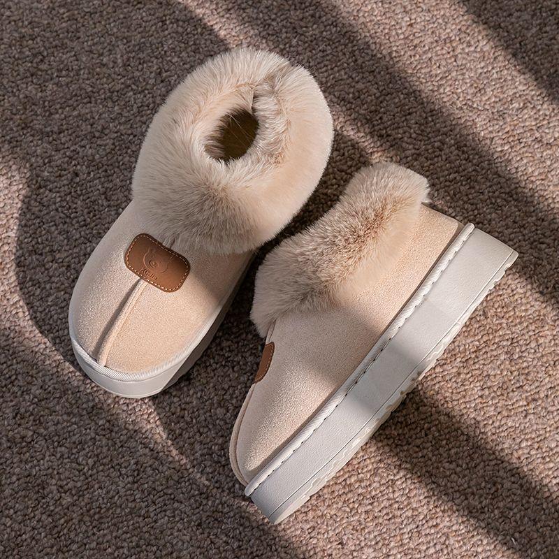 Baumwollpantoffeln mit Fersenpolster, Damen tragen hochgeschnittene Samt-Schnee-Stiefel mit dicker Sohle im Winter, und das Fell ist integriert, um zu Hause warm zu halten, Baumwollschuhe Herren