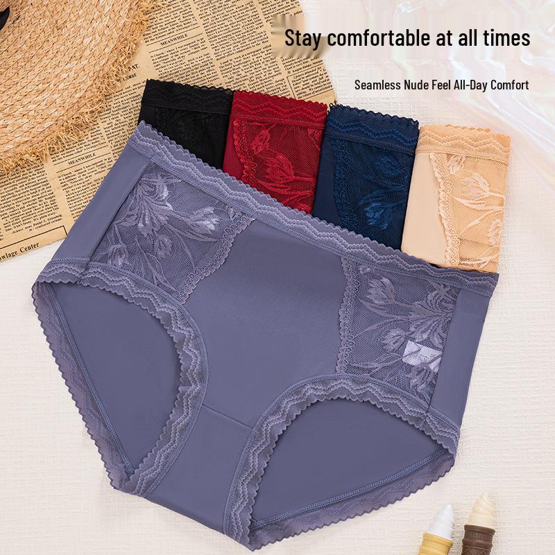 Women's Summer Ice Silk Mid-Waist Lace Panties - Breathable, Seamless, Comfortable with Antibacterial Cotton Crotch