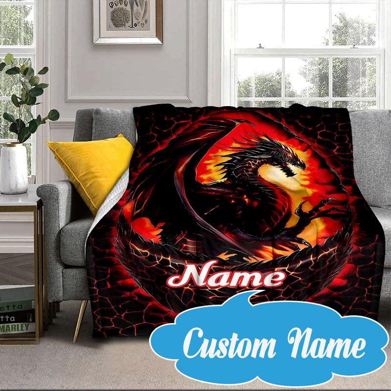 Custom Name Fiery Dragon's Majesty Blanket bed sofa Blanket Flannel Blanket for Camping, Hiking, Picnic Essentials,gift for Fan family