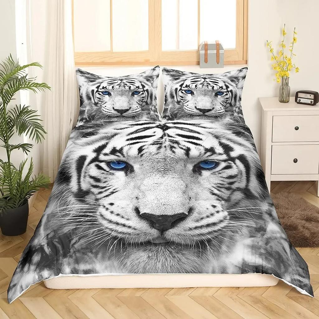 White Tiger Red Rose King Queen Duvet Cover Africa Big Cat 3D Polyester Bedding Set for Adult Teen
