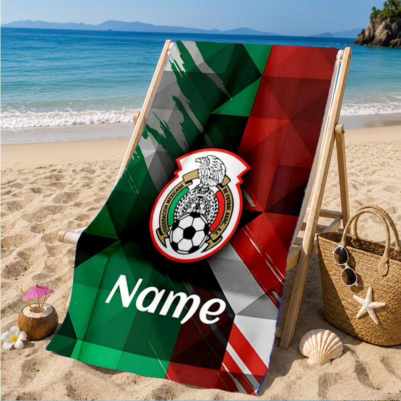 Custom Name Beach Towel Mexico Soccer Emblem Microfiber Beach Towel, Lightweight for Summer Travel, Swimming Pool Fan Birthday Gift