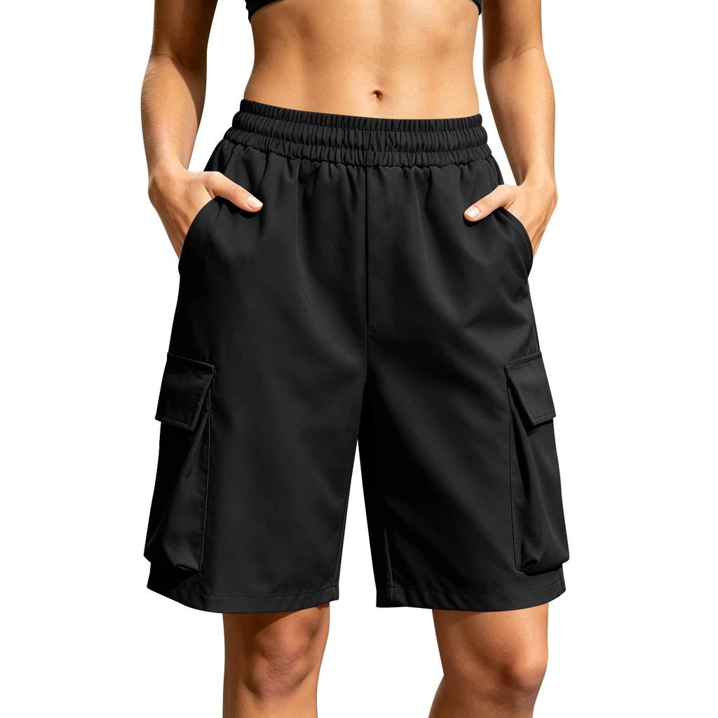 Women Loose Fit Casual Work Shorts with Elastic Waistband and Multiple Pockets for Daily Wear Outdoor Activities