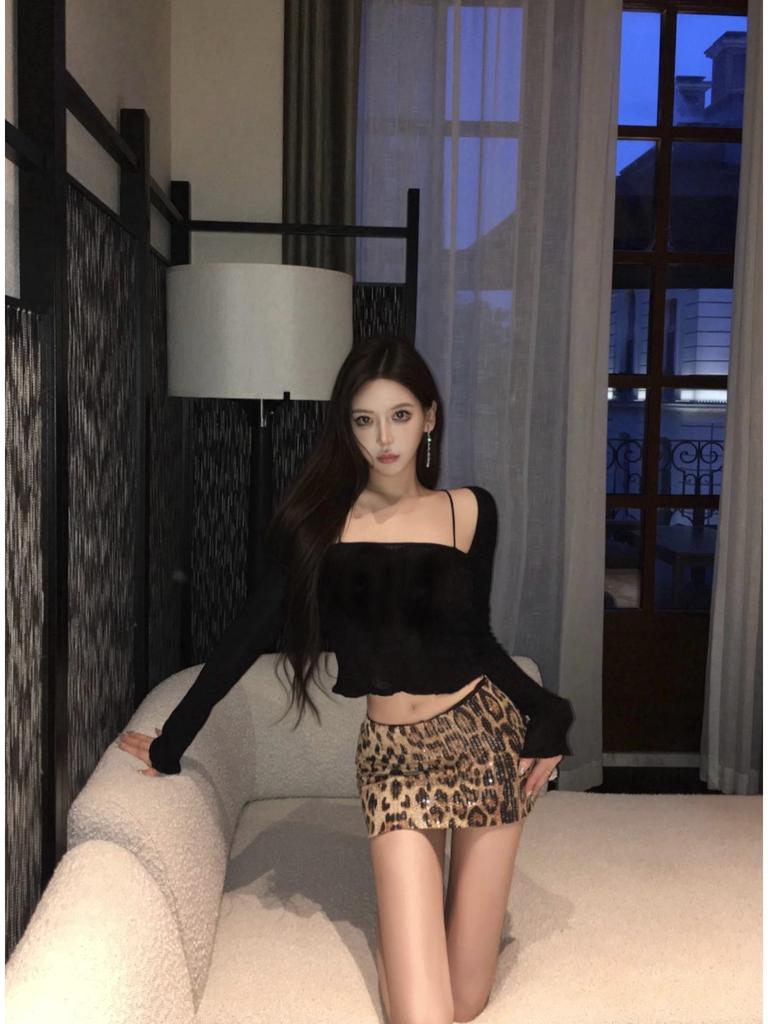 2024 Autumn Trendy Leopard Print Sequin Low Waist Short Skirt
