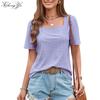 New Women's T-shirt Square Neck Hollow Short Sleeve