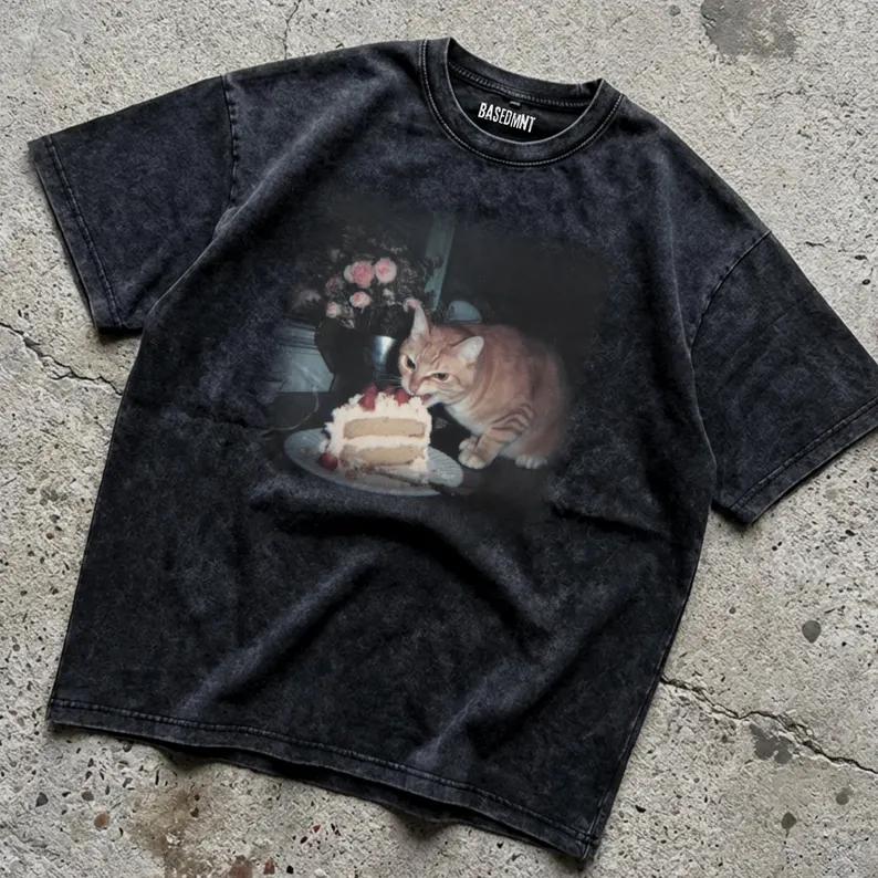 

Vintage Washed Cat Eating Spaghetti TShirt Funny Meme Graphic Tee Retro Streetwear for Unisex Women Oversized YK Casual Top S
