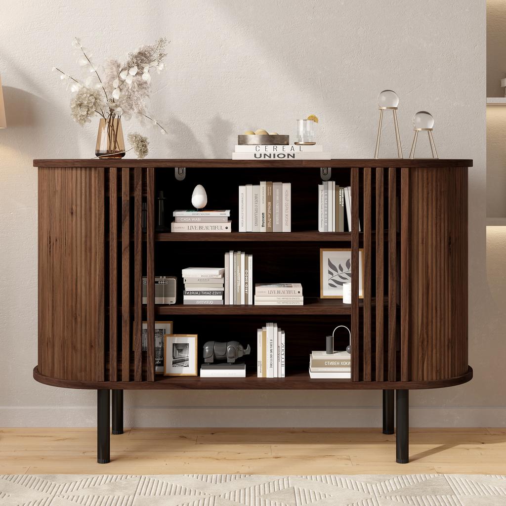 120x40x80cm Sideboard,Storage Cabinet ,Walnut Wood Colour Open Fence Construction for Living and Dining Room,Adjustable Metal Legs,MDF Material