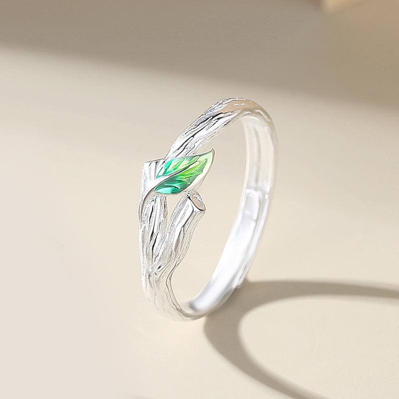 Sweet Simple Green Leaves Young Couple Ring For Women Lover Silver Color Open Resizable Rings Romantic Wedding Jewelry resizable
