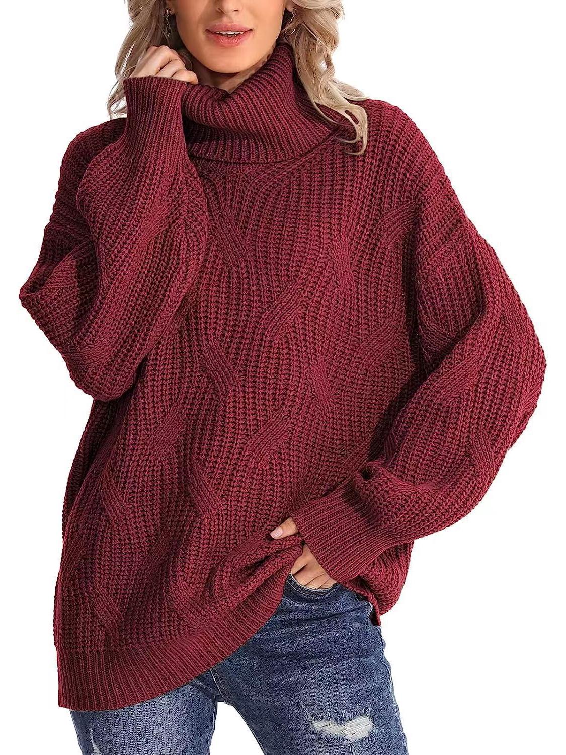 

Женский свободный свитер-пуловер с высоким воротником и кабельной вязкой, Осень/Зима 2024 XXXL вино красного