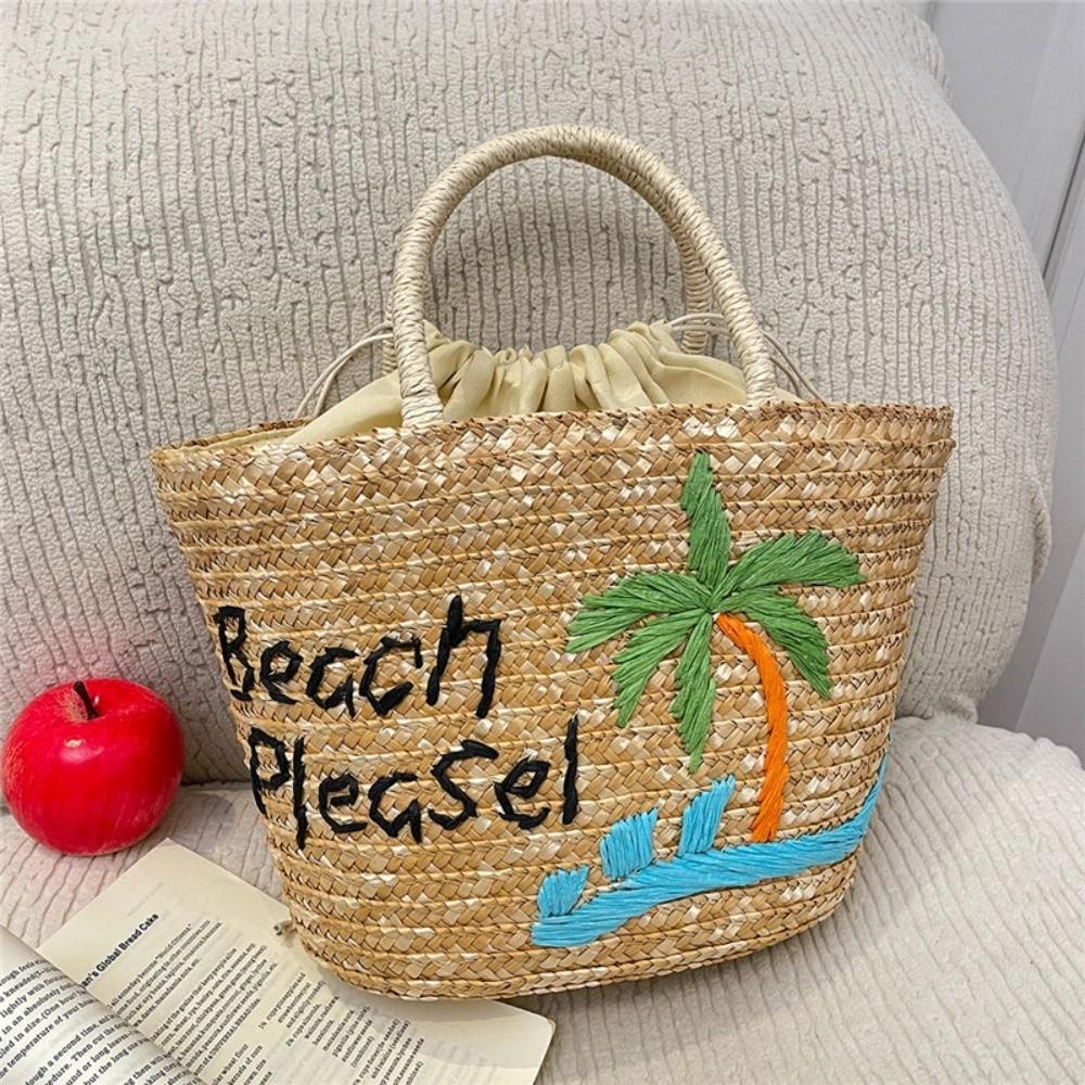 Embroidery String Straw Tote Bags Coconut Tree Design Sweet Casual Woven Handbags Bohemian Style New Design