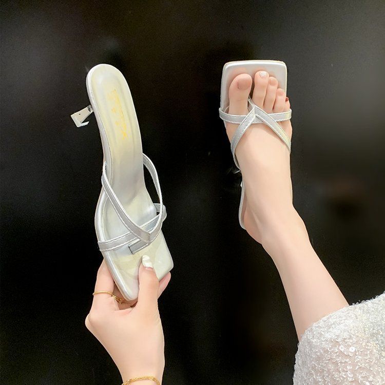 

2025 summer new French toe sandals thin heel slippers women wear cool slippers square head high heel flip-flops 40 серебряный