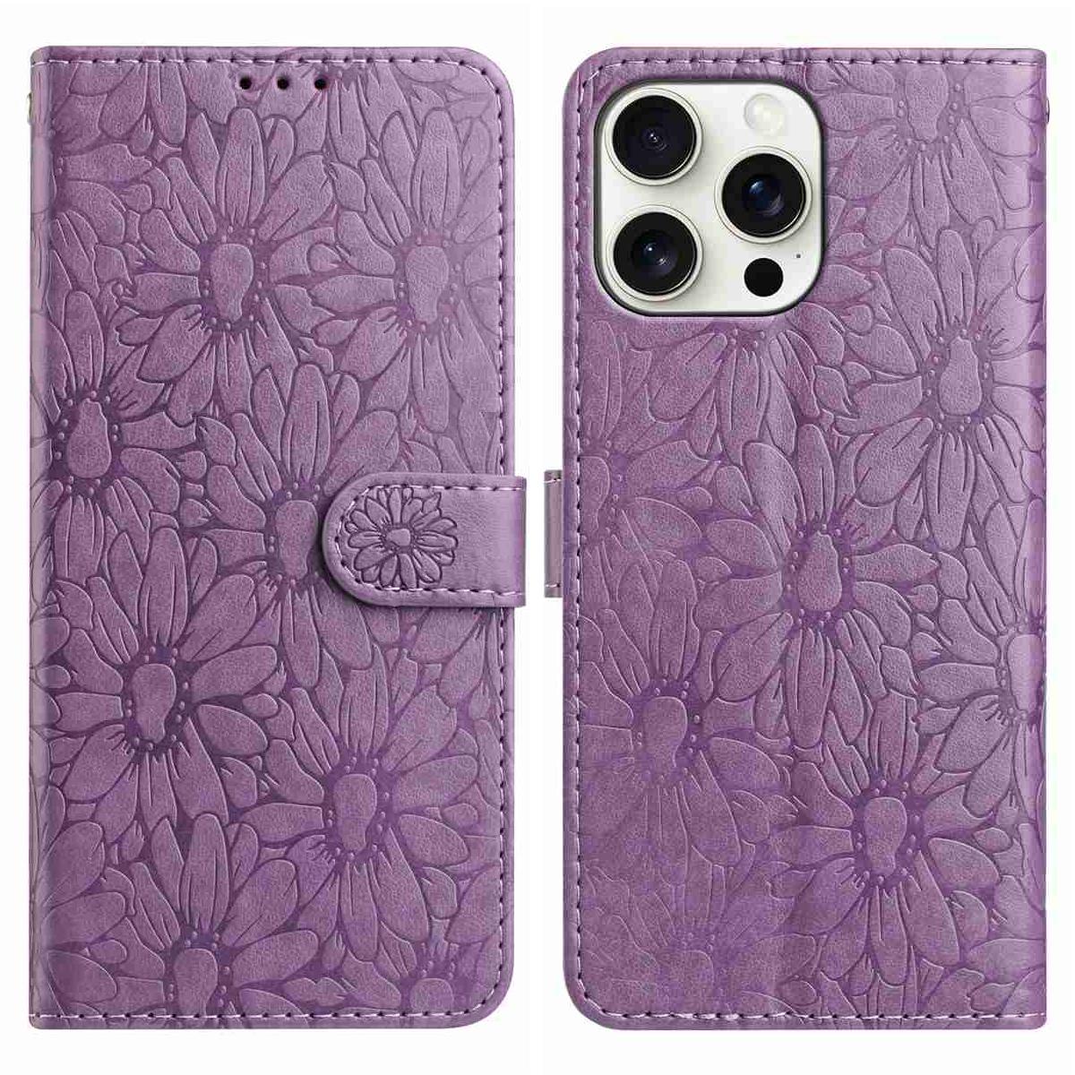 

For iPhone 15 Pro Max Leather Case Daisy Imprint Wallet Stand Phone Protective Cover A
